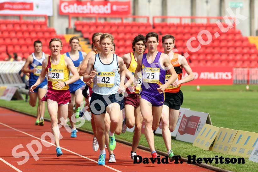 42 Kieran Reilly and 25 Cameron Boyek in the Senior 1500 metres, 2012 English Schools Championships, Gateshead.